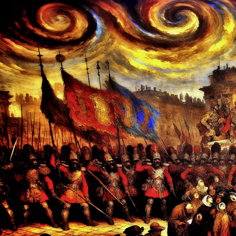 Barokke voorstelling van een militaire bezetting met gewapende soldaten en angstige burgers in een oorlogsgeteisterde stad