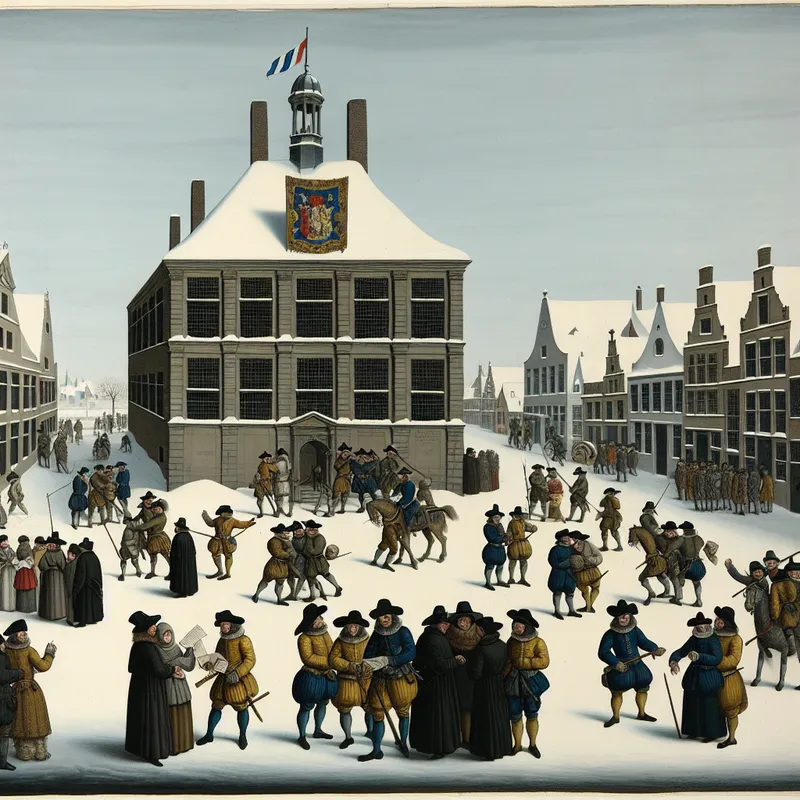 Historische winterse stadsgezicht van een bezette Nederlandse stad met soldaten en burgers in spanning, in de stijl van Hendrick Avercamp
