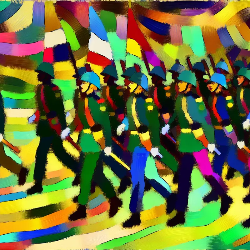 Abstracte voorstelling van een militaire eenheid in paradeformatie, geschilderd in expressieve stijl met felle kleuren en dynamische penseelstreken