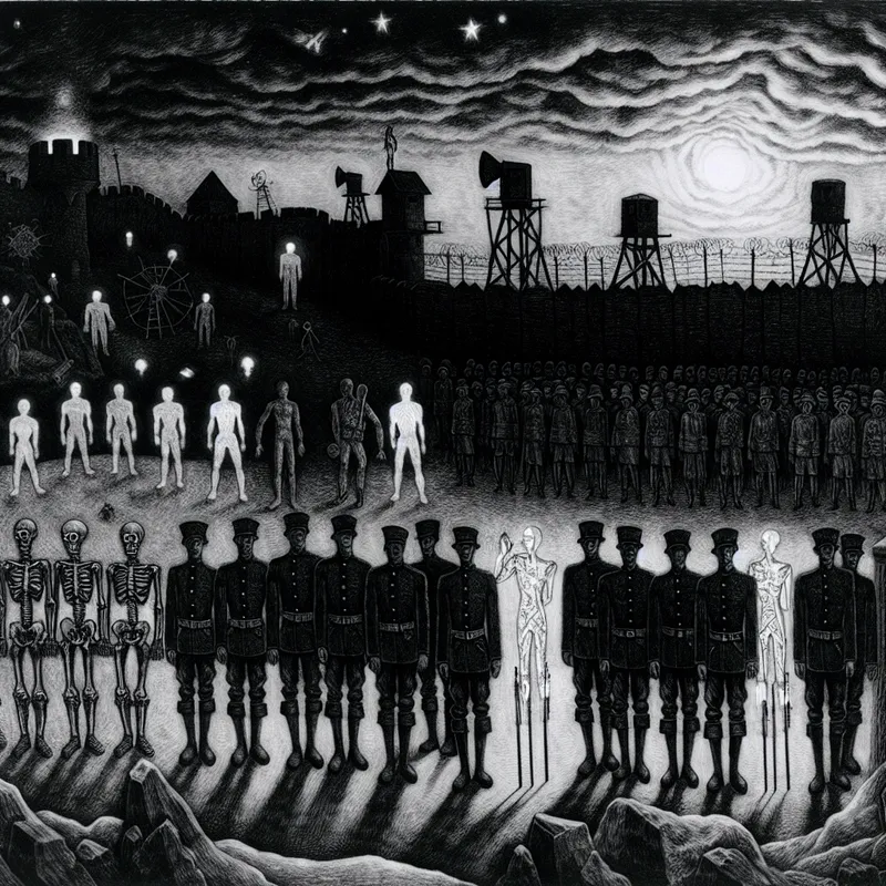 Symbolische voorstelling van soldaten in strakke militaire houding aan een nevelige grens, met reflectie in gebarsten spiegel als metafoor voor lichaamshouding en opstelling