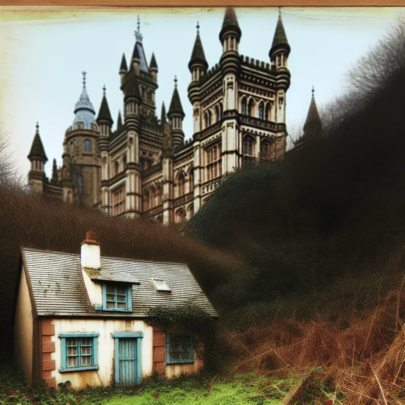 Een klein, verwaarloosd huisje dat contrasteert met een majestueus kasteel op de achtergrond, in een dromerige stijl.