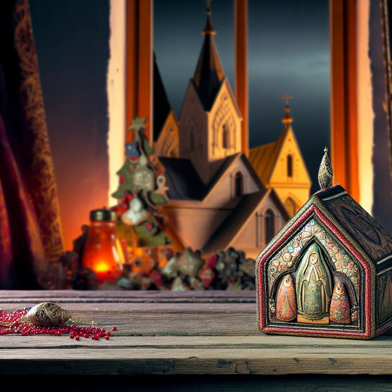 Een handgemaakt, gedetailleerd miniatuur aandenken op een rustieke houten tafel, omringd door warme verlichting.