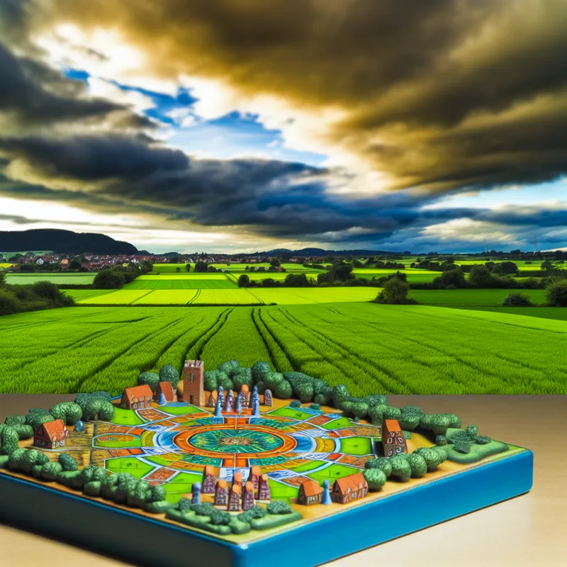 Landschap met een kleurrijk, klein model van een bordspel voor kinderen, omgeven door groene velden en een dramatische lucht met dynamische wolken.