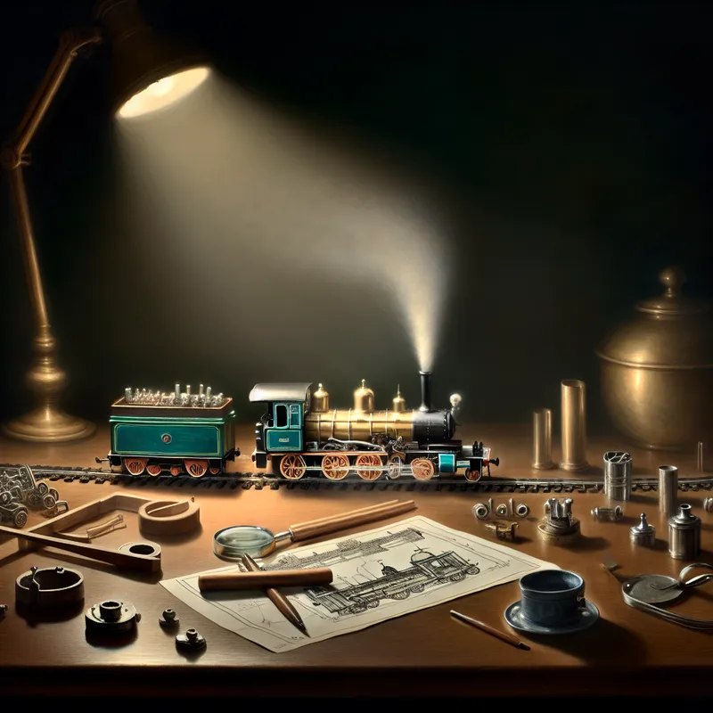 Gedetailleerde miniatuur elektrische speelgoedtrein op een verzamelaarstafel met gereedschap en blauwdruk in Vermeer-stijl