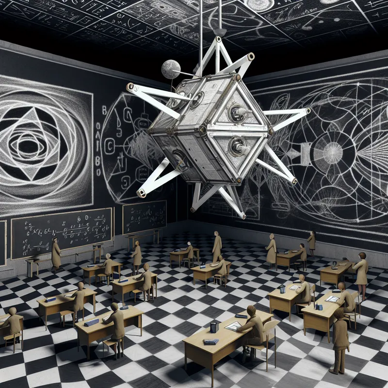 Kleine, miniatuur satelliet zwevend in een schoollaboratorium met leerlingen die het van dichtbij bekijken.