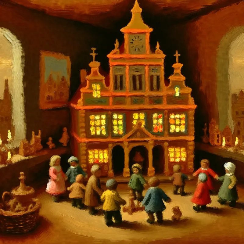 Een kleurrijk miniatuur stadhuis in een kinderspeelhuis, met kinderen die een verhaal uitbeelden.