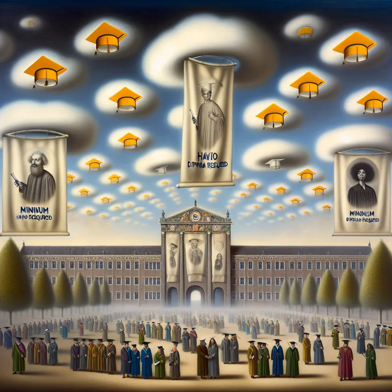 Een hyper-realistisch beeld van een groot gebouw dat lijkt op een universiteit of trainingscentrum, met studenten die hun diploma's vasthouden en diverse emoties tonen.