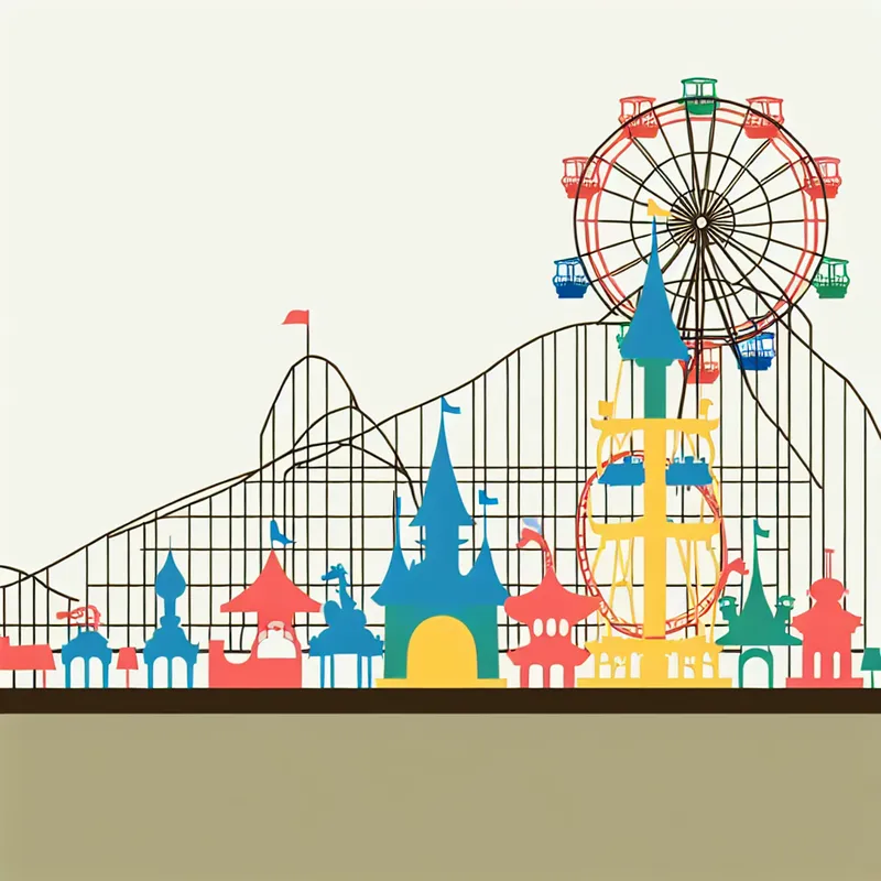 Minimalistische illustratie van een attractiepark met achtbanen, reuzenrad en sprookjesattracties in heldere kleuren