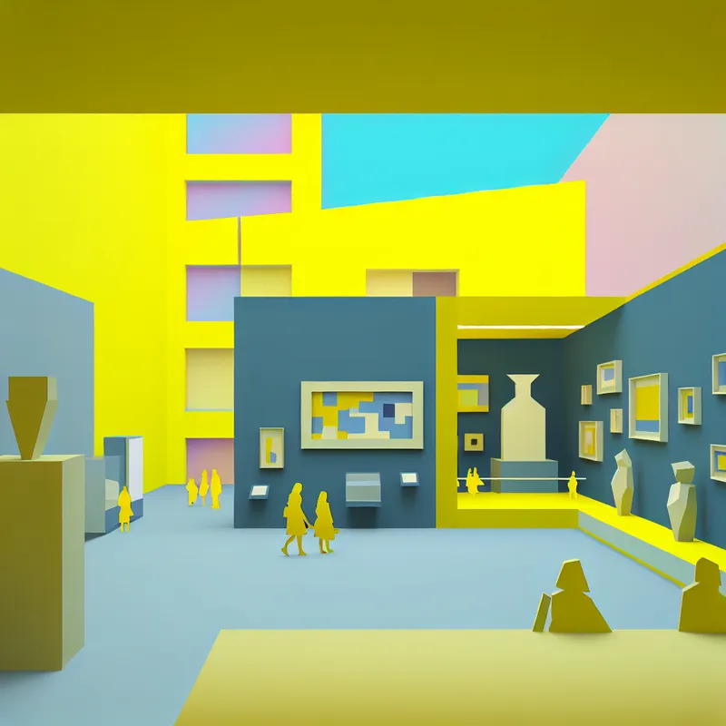 Minimalistische kunstscène in een modern museuminterieur met bezoekers die de tentoonstelling over oude geschiedenis bewonderen.