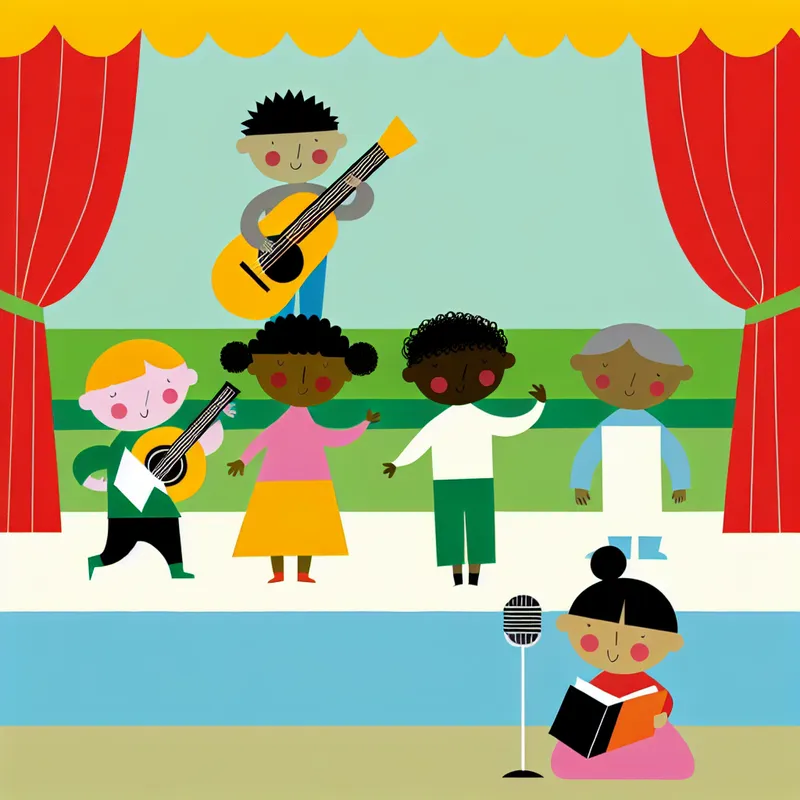 Minimalistische illustratie van een vrolijk muziek- of theatergezelschap op een eenvoudig podium, met figuren die gitaar spelen, zingen en instrumenten vasthouden