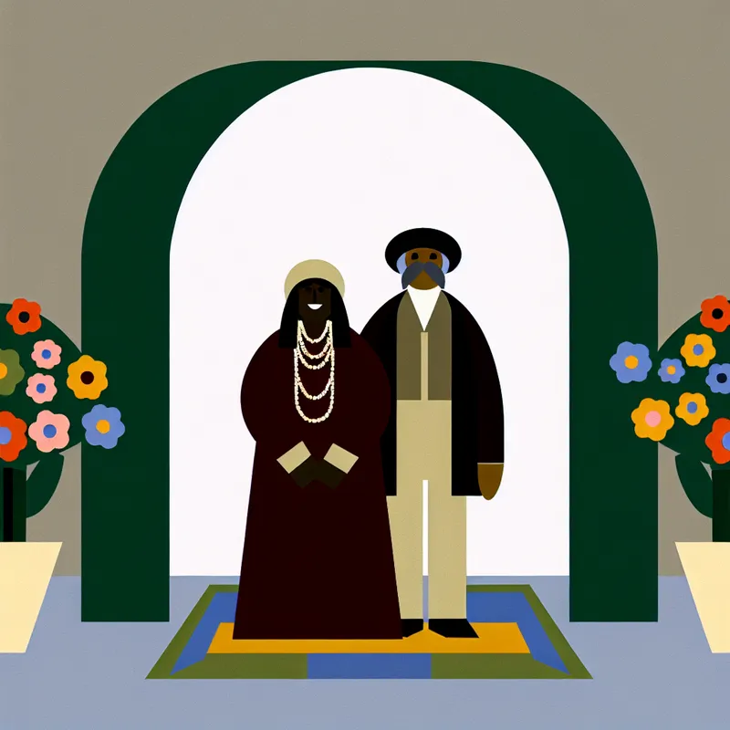 Minimalistisch paar onder bloemenboog tijdens bijzondere gebeurtenis, stijl van Dick Bruna