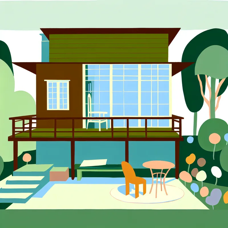 Minimalistisch terrasje aan de achterkant van een huis met twee stoelen en een tafeltje, omgeven door een weelderige tuin in de stijl van Dick Bruna