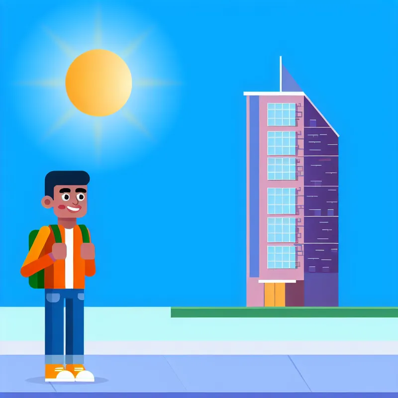 Een cartoonachtige figuur staat op een trottoir en kijkt naar links naar een hoge, kleurrijke gebouw onder een heldere blauwe lucht en een grote zon.