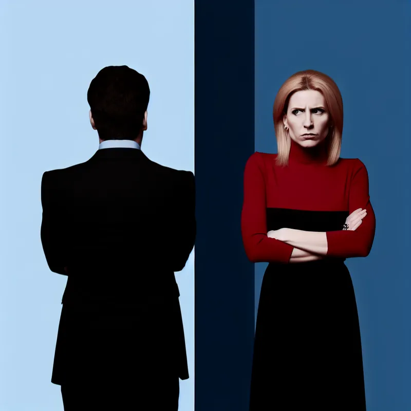 Minimalistische illustratie van een vrouw met gekruiste armen die afkeer toont tegenover een man, in stijl van Dick Bruna