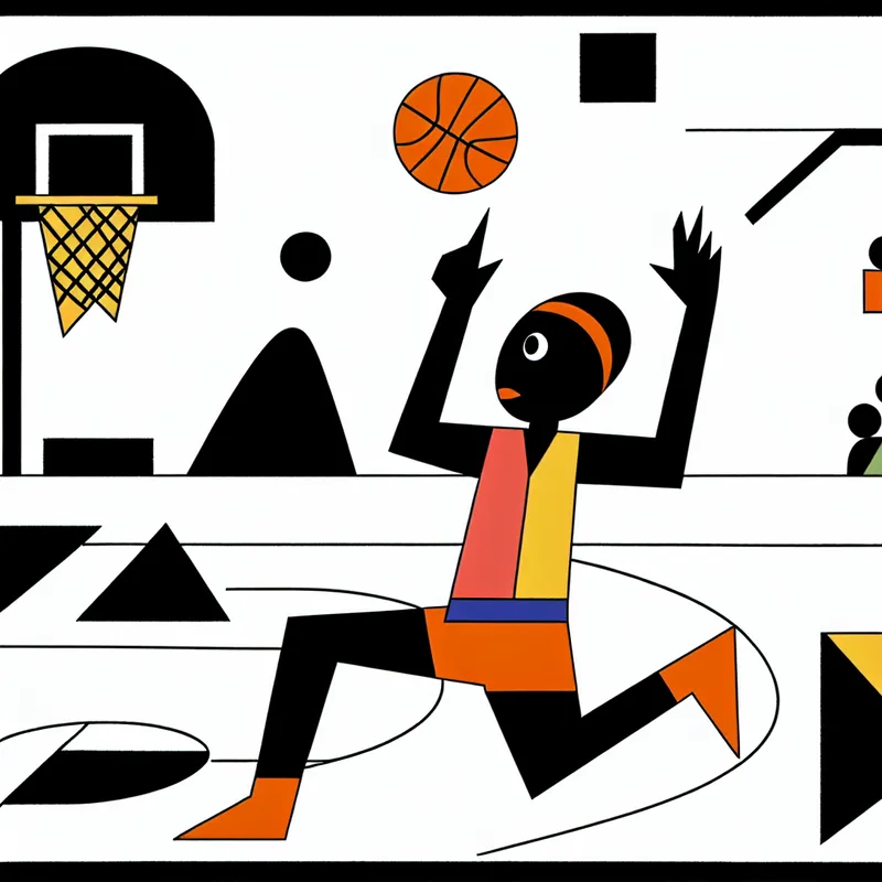 Vrouwelijke basketballer in actie neemt een driepuntsworp tijdens een wedstrijd, minimalistische illustratie in stijl van Dick Bruna