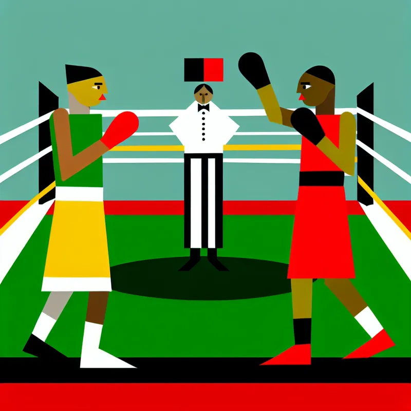 Minimalistische illustratie van een boksring met twee vastberaden boksers en een scheidsrechter, in de stijl van Dick Bruna