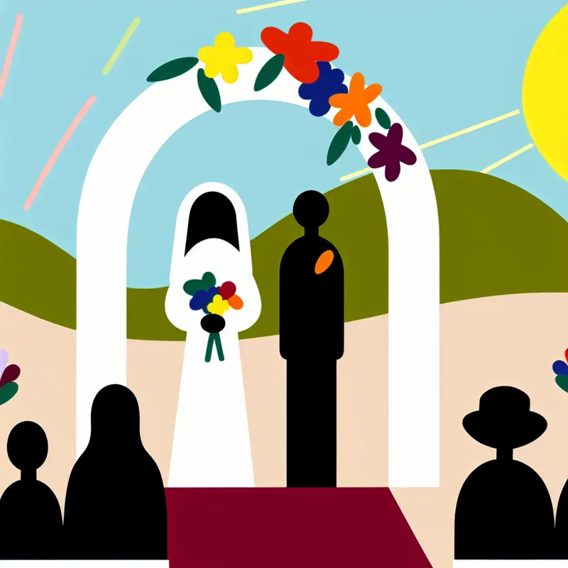 Minimalistische illustratie van een bruiloft met een bruid en bruidegom onder een bloemenboog in een zonnige tuin.