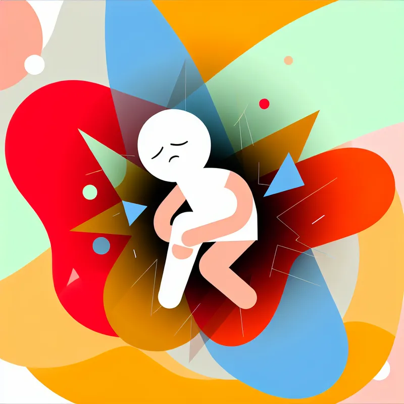 Minimalistische illustratie van een cartoonfiguur die zijn knie vasthoudt met een bezorgde uitdrukking, omgeven door heldere kleuren en geometrische vormen