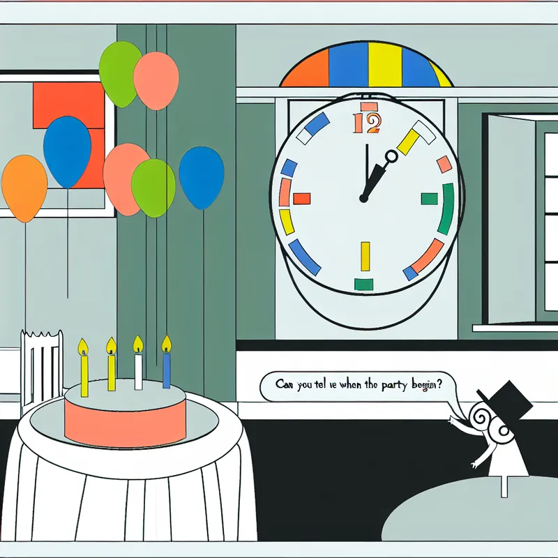 Minimalistische illustratie in Dick Bruna-stijl van een feestscène met kleurrijke decoraties en een klok