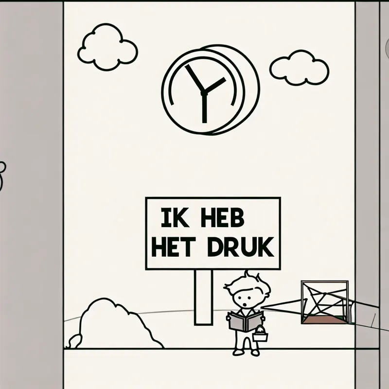 Een kinderlijke figuur leest een groot bord met de tekst 'Ik heb het druk', met een klok op de achtergrond die hetzelfde tijdstip aangeeft, wat de herhaling symboliseert.