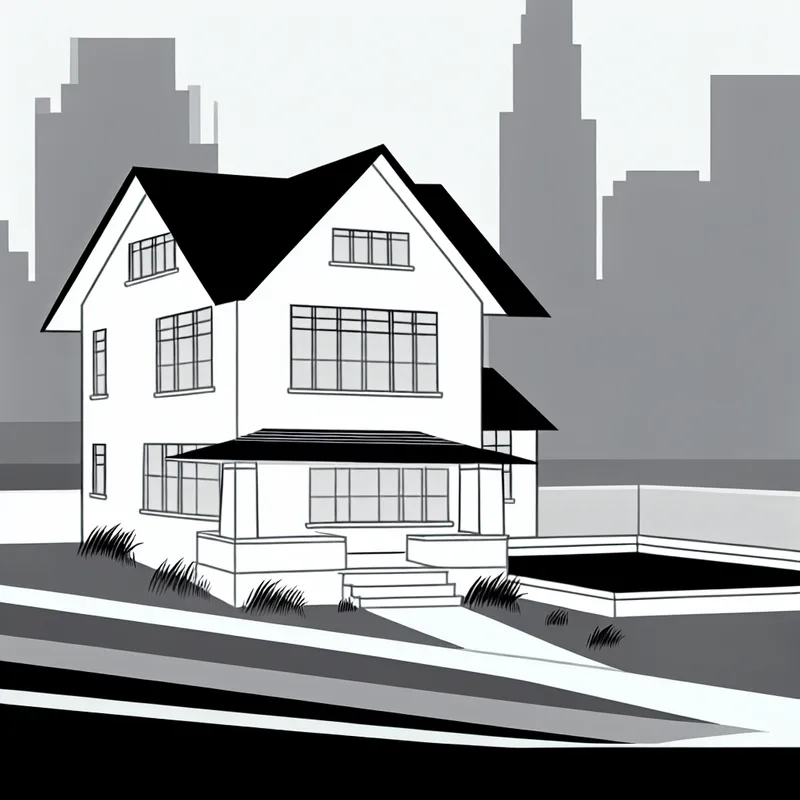 Minimalistische illustratie van een huis in Dick Bruna stijl aan de rand van de stad