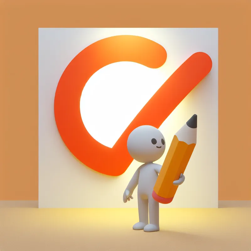 Een minimalistische illustratie van een opgeluchte persoon met een grote potlood voor een feloranje correctiesymbool, wat het idee van het rechtzetten van een fout uitdrukt.