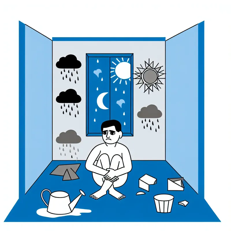 Minimalistische illustratie van iemand in een donkere kamer met zorgen zoals grijze wolken en regen, tegenover een heldere buitenwereld met de zon en een vrolijk landschap.