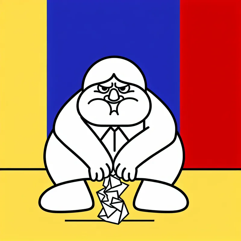 Minimalistische illustratie van een kinderfiguur met een teleurgestelde uitdrukking, hangende schouders en een verfrommeld papier in de hand, symboliserend ergernis of mislukking