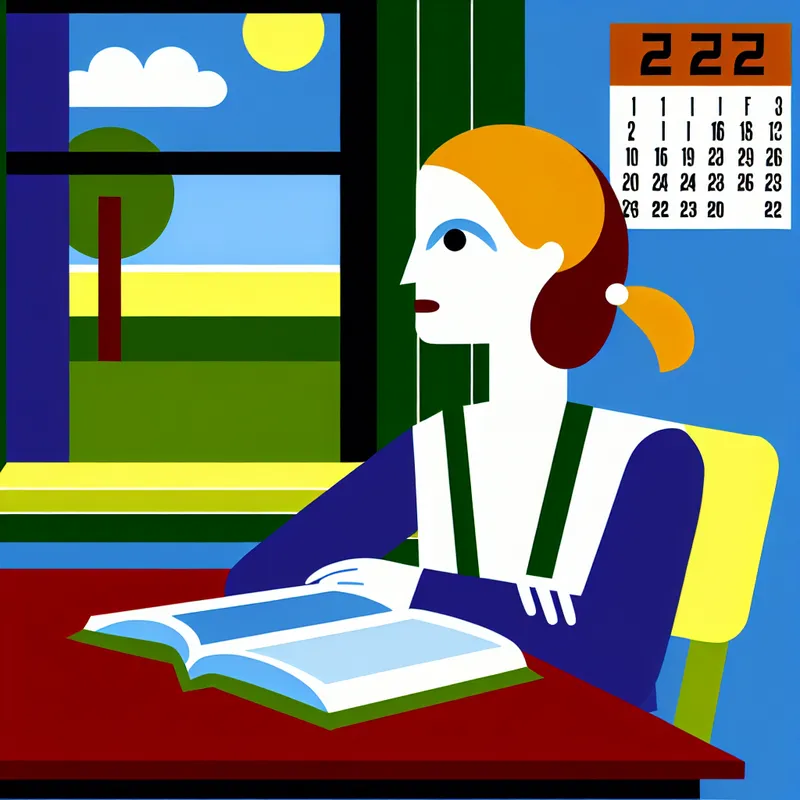 Een jonge meid met een open boek aan een bureau, die nadenkend naar buiten kijkt.