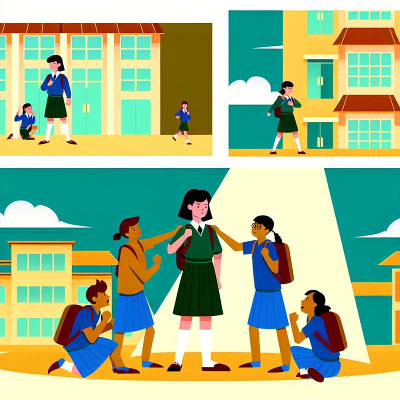 Minimalistische illustratie van een schoolscene met een jonge persoon die opstaat tegen een groep pesters