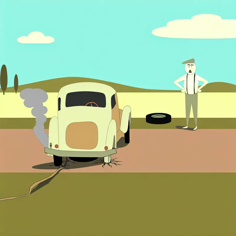 Minimalistische illustratie van een kapotte auto met een lekke band en rook uit de motor.