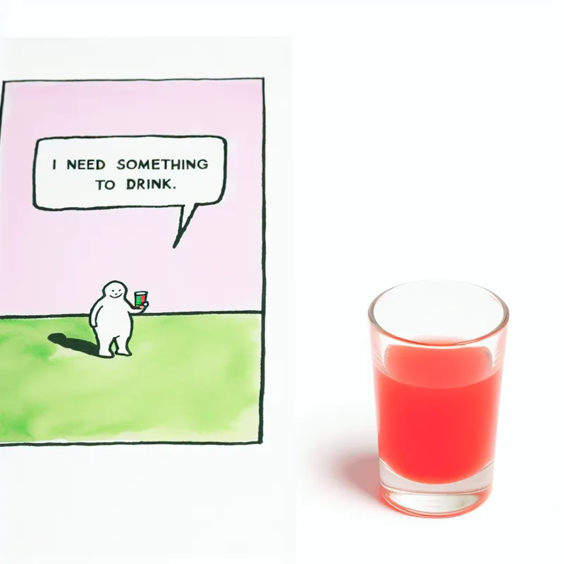 Minimalistische illustratie van een klein glas met een kleurrijke drank en een spraakwolk met een cartoonfiguurtje dat vraagt om iets te drinken.