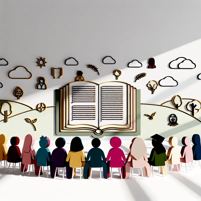 Een oversized open boek omringd door kleurrijke illustraties van verschillende literaire genres, met nieuwsgierige kinderen die in een zonnige klas zitten.