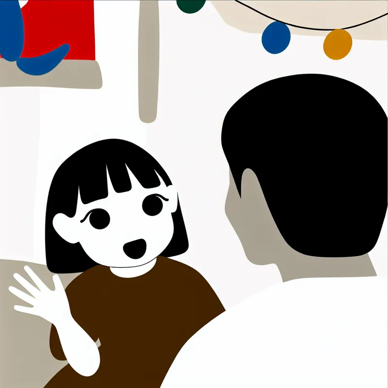 Minimalistische illustratie van een nieuwsgierig meisje in een klaslokaal met een glimlachende leraar.