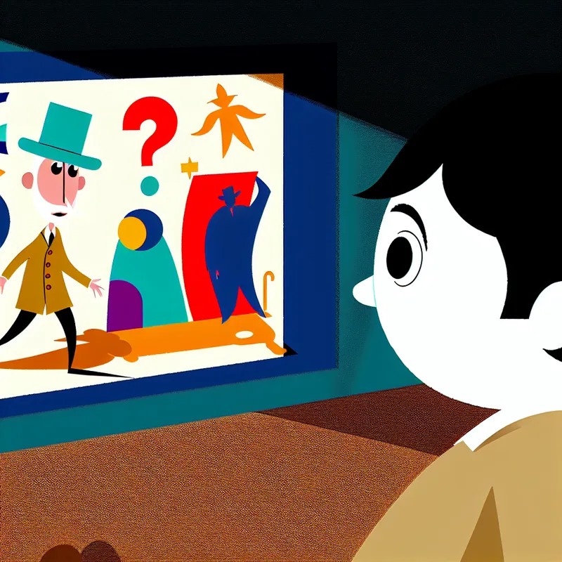 Minimalistische illustratie van een nieuwsgierige karakter die een kleurrijk filmposter bekijkt