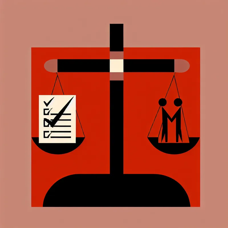 Minimalistische illustratie van een balans met aan de ene kant een contract met vinkjes en aan de andere kant twee mensen die handen schudden, tegen een heldere achtergrond.