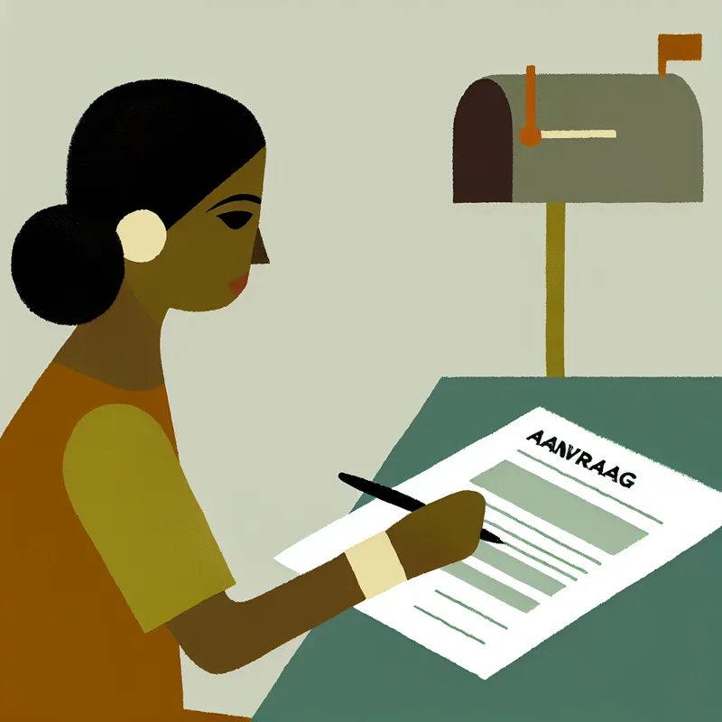 Een persoon die geconcentreerd een document invult met op de achtergrond een brievenbus, in een kinderlijke stijl geïnspireerd door Dick Bruna.