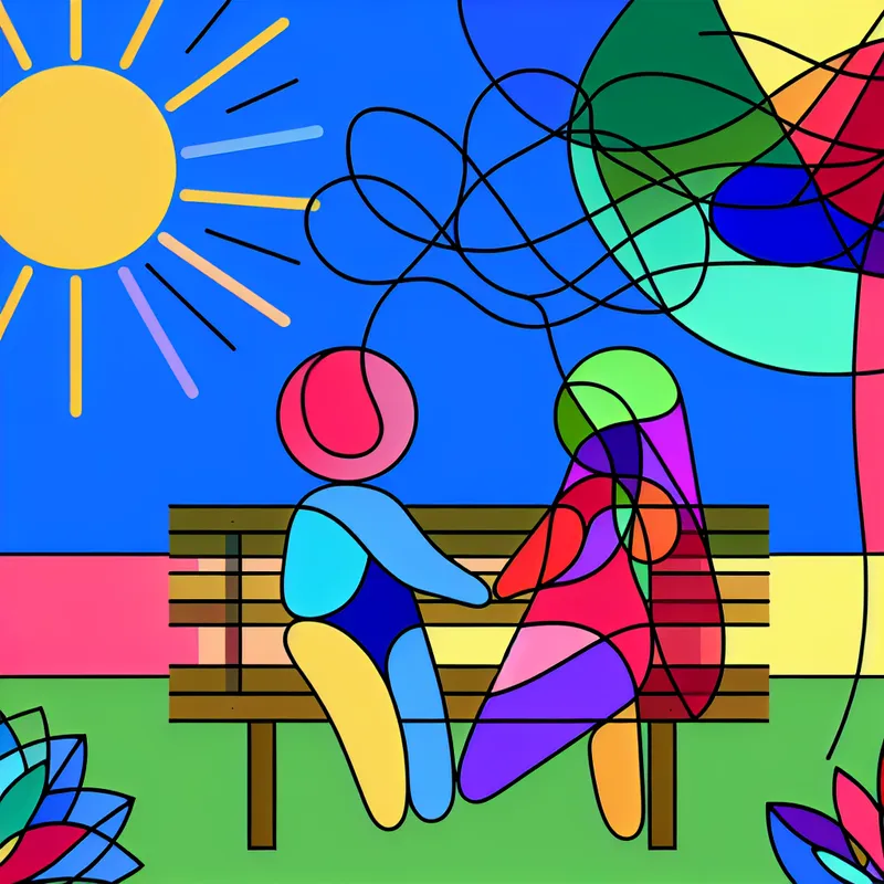 Minimalistische illustratie van twee kinderlijke figuren op een bankje met kleurrijke lijnen die hun vriendschap symboliseren.