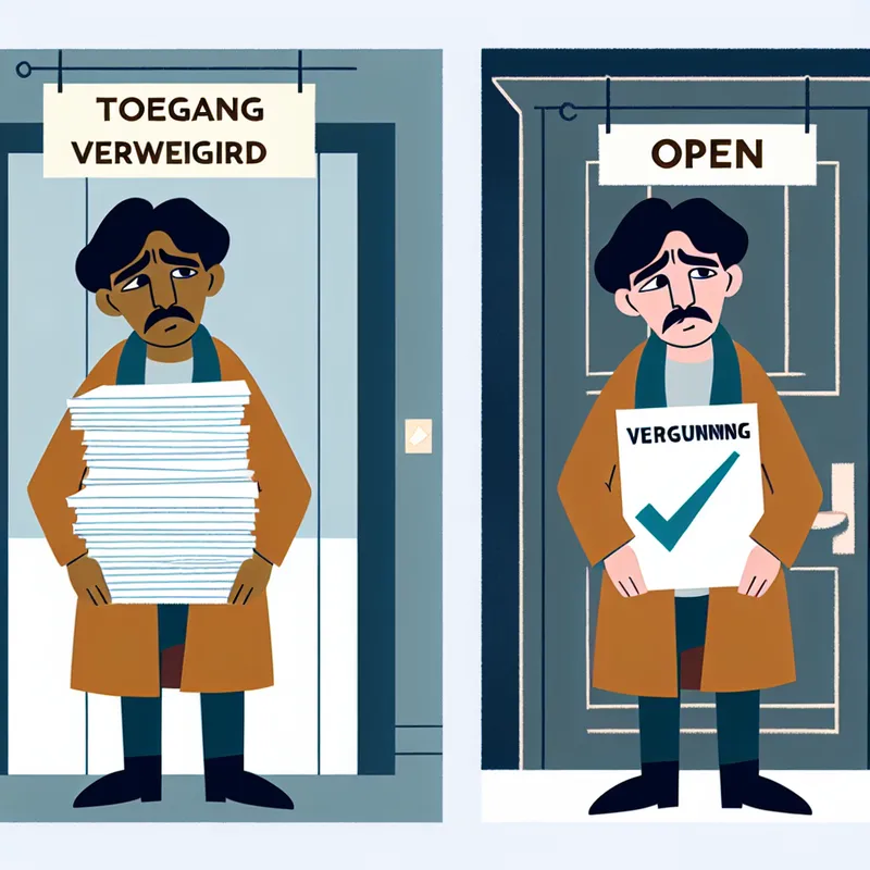 Twee-panelen illustratie in Dick Bruna-stijl die een gefrustreerd en opgelucht persoon toont met een vergunning