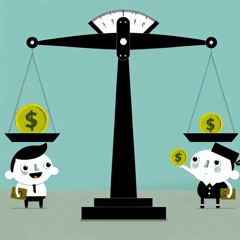 Minimalistische illustratie van verhouding met twee cartoonfiguren en een balans