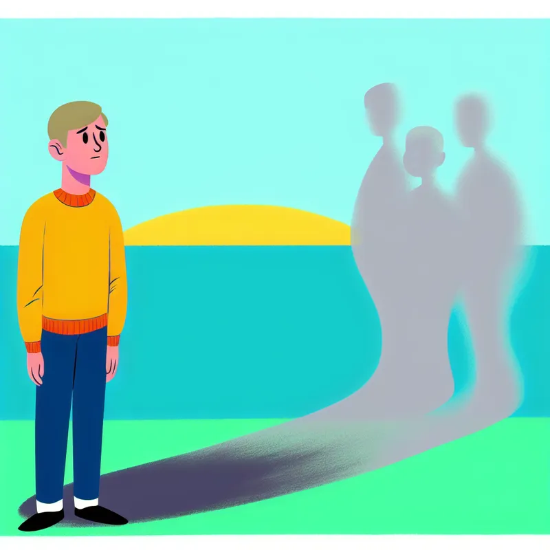 Minimalistische illustratie van een persoon die alleen staat en verlangt naar oude vrienden, met vage silhouetten op de achtergrond.