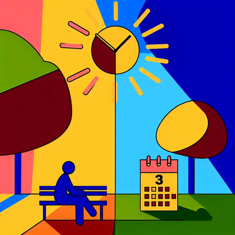 Een minimalistische illustratie van een park met een grote klok die drie dagen laat zien en een figuur die op een bank zit, nadenkend over de tijd