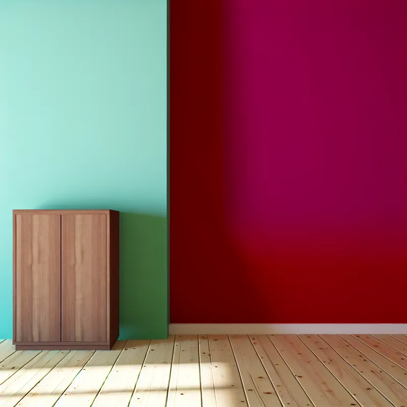Minimalistische inrichting met een houten kast tegen een felgekleurde muur