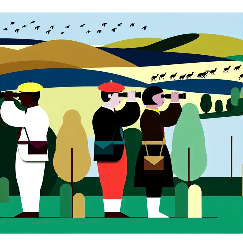 Minimalistische weergave van jagers die door verrekijkers kijken naar een open landschap