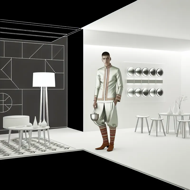 Een moderne, minimalistische kamer met geometrisch meubilair en een persoon in een modieuze outfit die past bij het interieur.