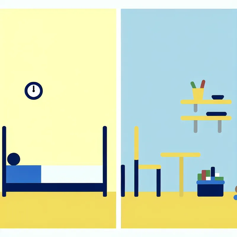 Een minimalistische illustratie van een kleine, rommelige kamer met een bed dat nauwelijks past, omringd door kleine voorwerpen zoals speelgoed en boeken, met een wandklok die de tijd die opraakt weergeeft.