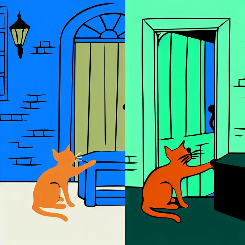 Minimalistische illustratie van een nieuwsgierige kat die aan een deur krabt