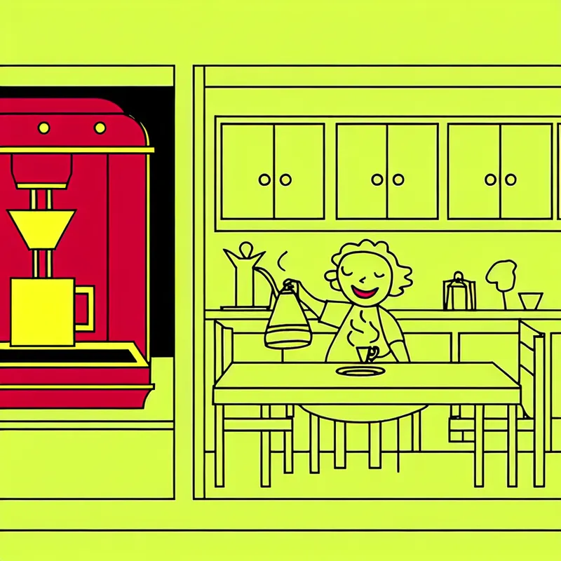 Een minimalistische illustratie van een vrouw die koffie inschenkt uit een felle koffiemachine in een grafische keukenomgeving.