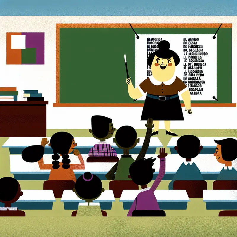 Minimalistische illustratie van een klaslokaal met een vrolijke docent die een lijst met namen vasthoudt, in de stijl van Dick Bruna