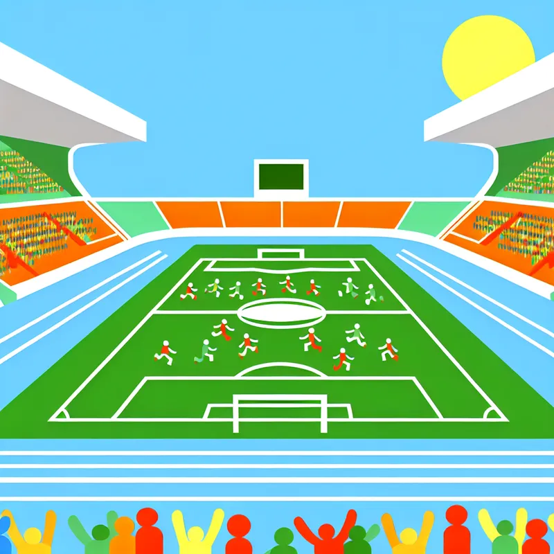 Minimale en kleurrijke illustratie van een modern stadion met een voetbalveld en atletiekbaan.